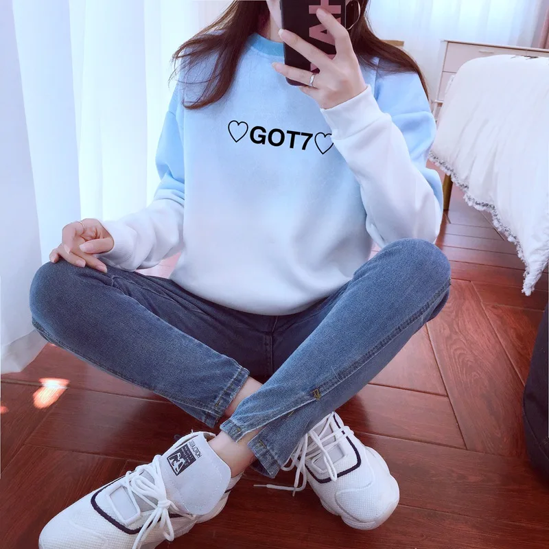 Kpop Got7 толстовка с сердцами для женщин Ulzzang градиент буквы вырез лодочкой Свитшот