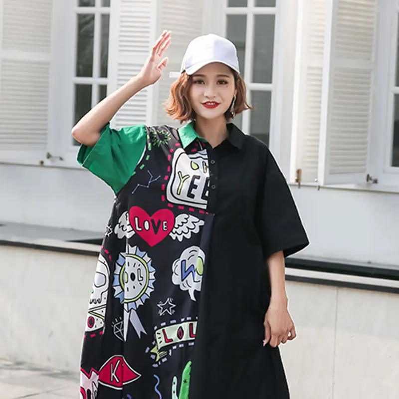 XITAO Plus Size Street Midi Dress Women Korea Fashion Turn Down Collar Patchwork Print Pattern Cardigans New WBB4449