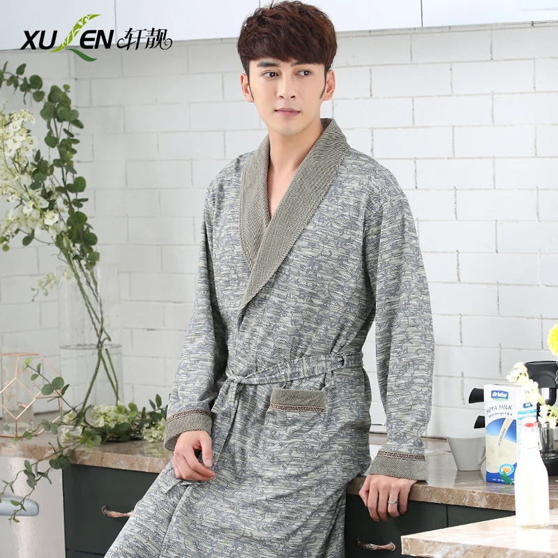 Для мужчин Весна осень bathrob хлопковый Халат Большие размеры банный домашний сна и