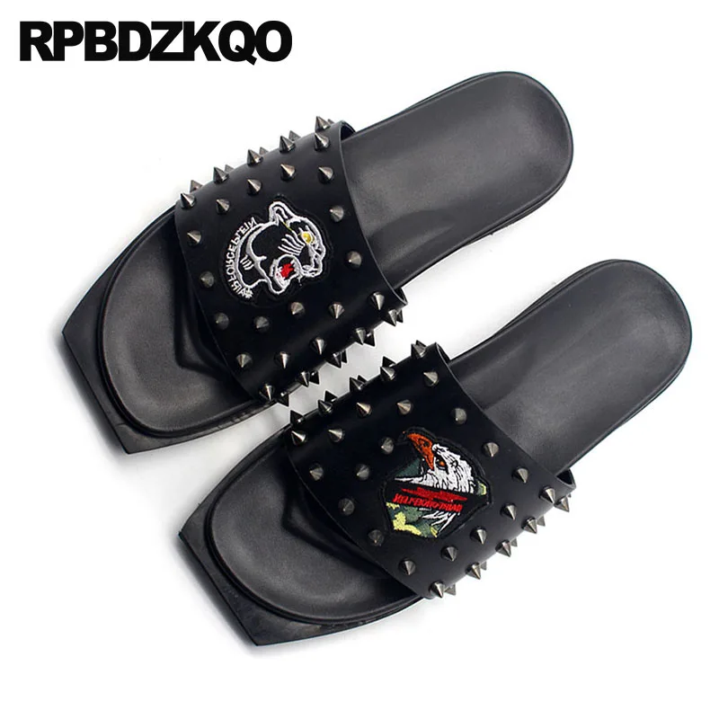 

Slides Native Stud Sandals Black Genuine Leather Soft Size 45 Designer Shoes Men High Quality Summer Rivet Large Luxury Slippers