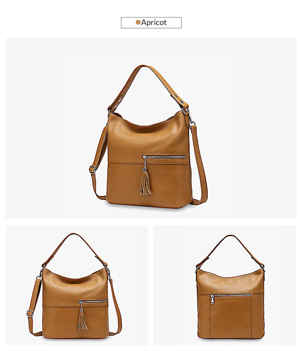 Zency Beauty Design Women Shoulder Bag With Tassel Genuine Leather Handbag Apricot Fashion Lady Crossbody Purse Black Grey