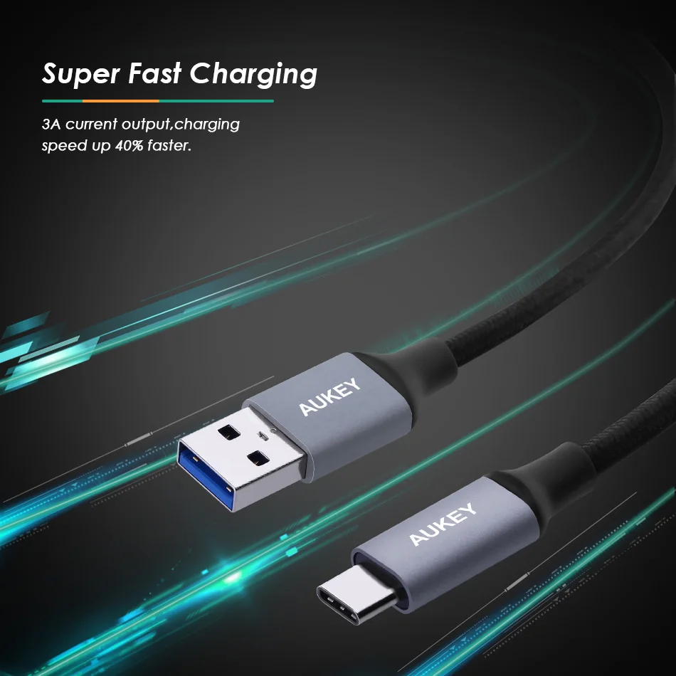 AUKEY Тип C Кабель USB 3 0 3A Тип-C плетеный кабель к Usb- данных и Зарядное устройство