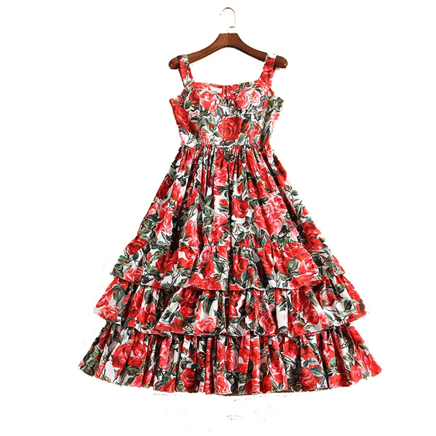 Винтаж Элегантные платья 2019 сезон: весна–лето модные красные печати дамы