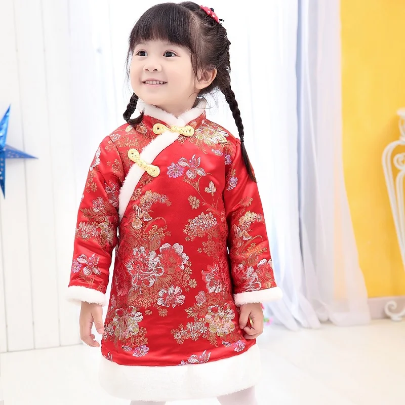 

Chinese Spring Festival Baby Girls Dress Coat Thick Quilted Winter Girl Clothes Chi-pao Dresses Children Cheongsam Qipao Jackets