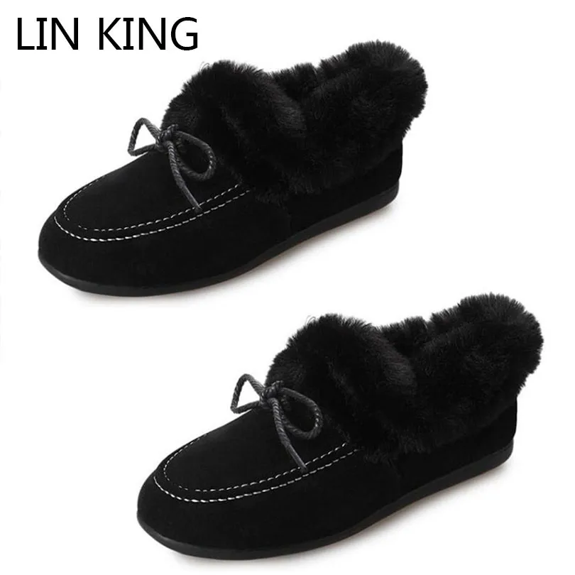 LIN KING/теплая женская зимняя обувь на плоской подошве; повседневные лоферы с бантиком; Удобная нескользящая обувь для беременных женщин; слипоны без застежки; хлопковая обувь