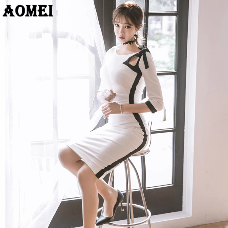 Новое Элегантное женское облегающее платье черного и белого цвета контрастный