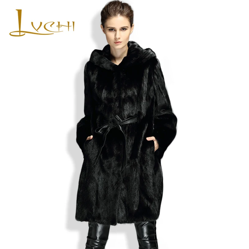 

LVCHI 2019 Fashion Winter Long Thicker Coats Women With Fur Trim Hood Real Fur Full Sleeve Women Sashes Hat Full Pelt Mink Coat