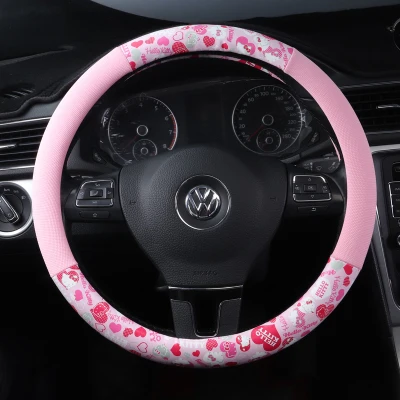 Мультфильм hello kitty Автомобильные подголовники подушки поясничная Подушка ремень безопасности авто чехол на руль Подарочный аксессуар для автомобиля для женщин и девочек - Цвет: Pink Steering wheel