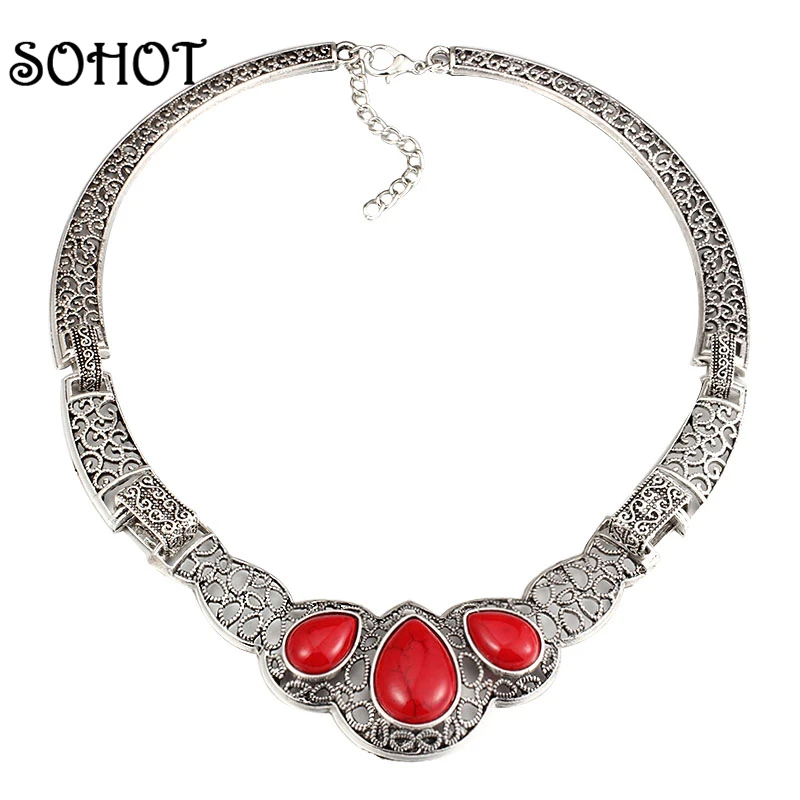 SOHOT винтажное изысканное ожерелье с полым воротником красные синие натуральные