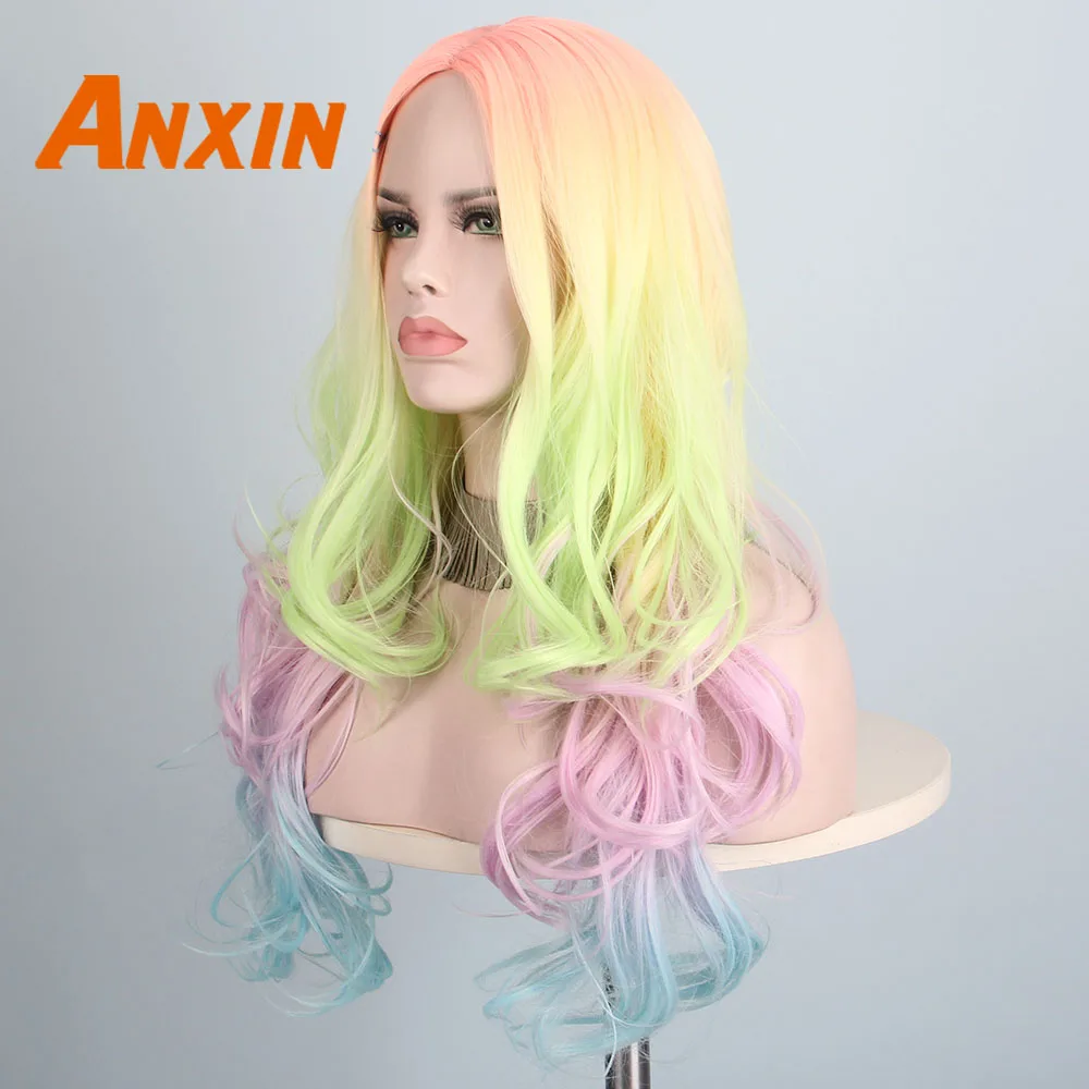 sky blue Anxin длинный волнистый парик цвета радуги для девочек косплей аниме Хэллоуин синтетический парик - Цвет: sky blue