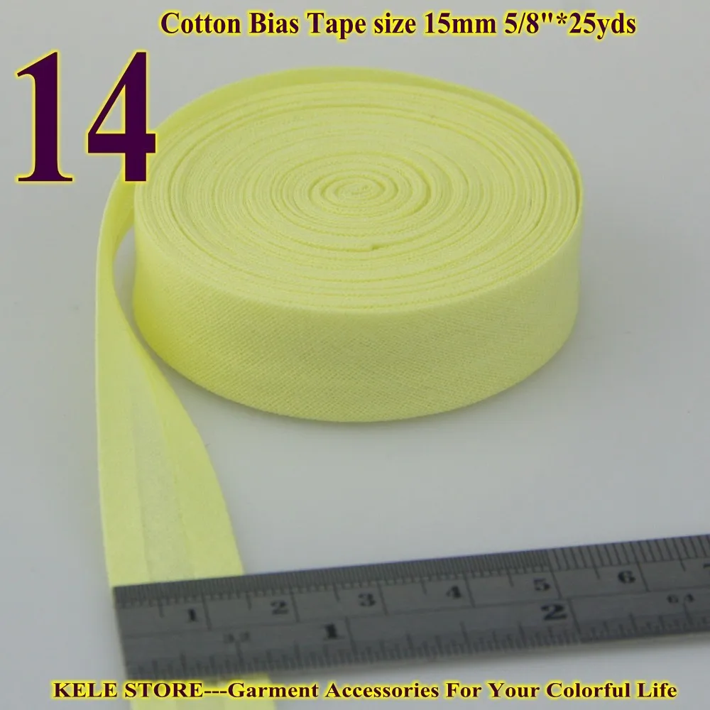 14 light yellow Хлопок косой ленты, размер: 15 мм, ширина: 5/", 25 ярдов в лоте клейкая лента, ткань ручной работы, различные цвета - Цвет: 14 light yellow