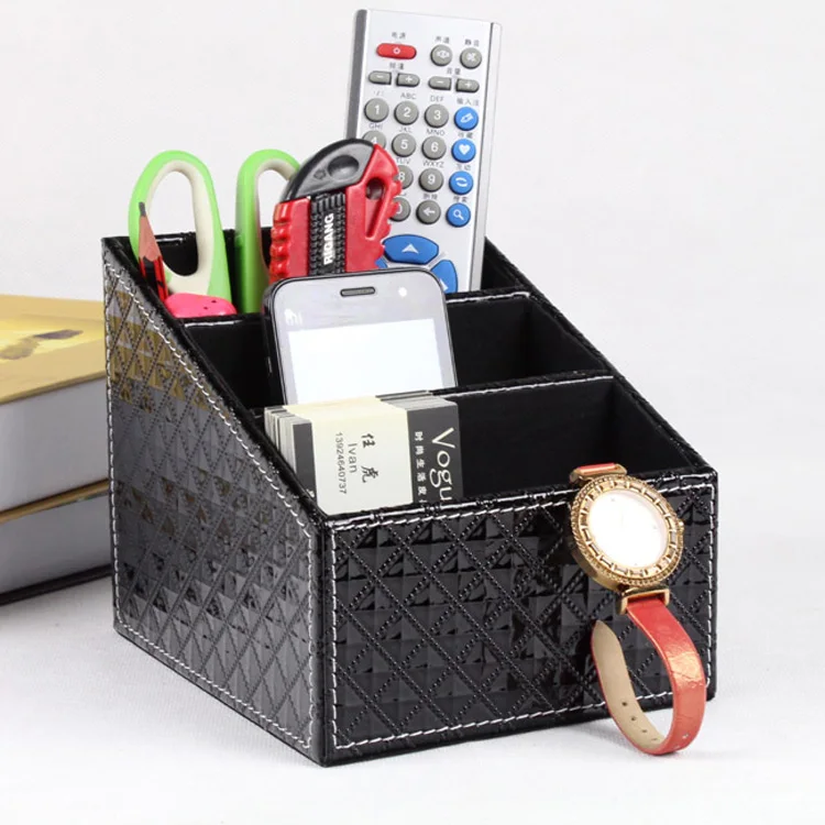 

3-slot home office wood PU leather desk sundries makeup remote controller stationery storage box case holder diamond black 254F