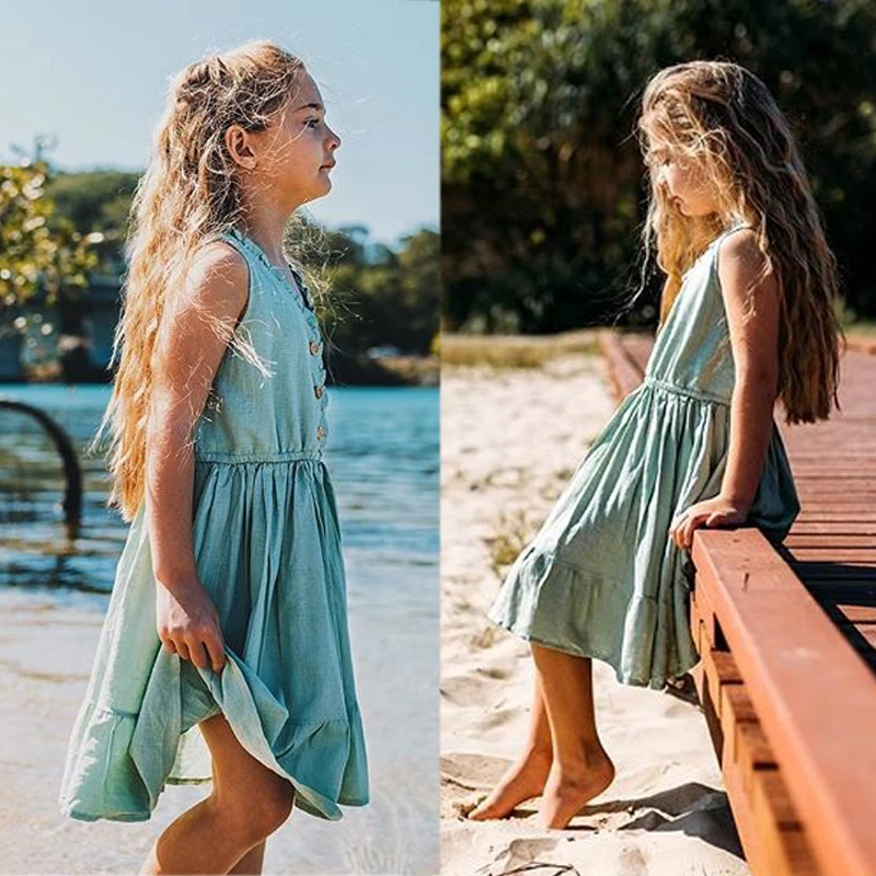 Summer New Sweet Baby Girls Kids Ruffles Toddler Sleeveless V-neck Solid Sundress Princess Party Girl Causal Dresses | Детская одежда и