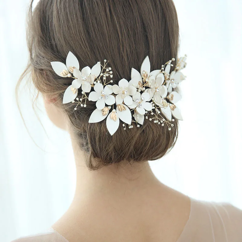SLBRIDAL ручная работа Золотые кристаллы стразы цветок свадебные заколки для волос