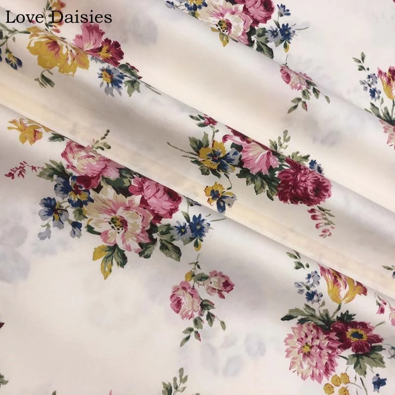 

100% Cotton Twill Fabric BEIGE Colorful Fuchsia Blue Yellow Elegant Flower Floral for DIY Handwork Apparel Dress Top Patchwork