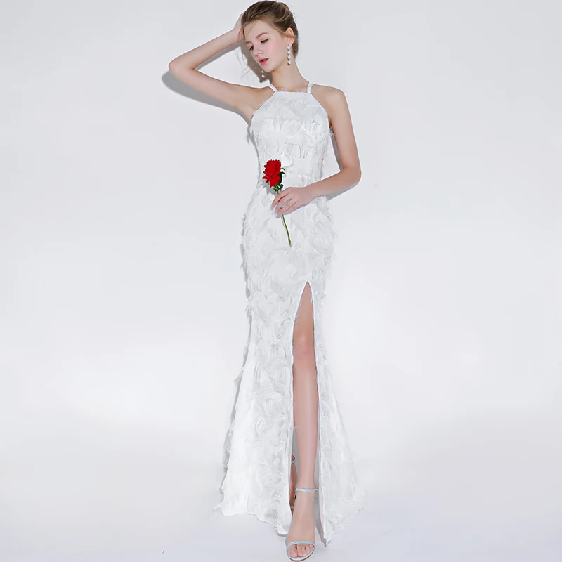 SSYFashion новый простой белый Русалка вечернее платье Sexy Холтер рукавов длиной до