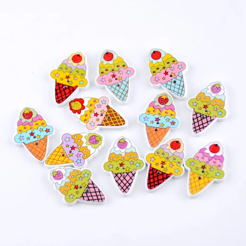 Бесплатная доставка 100 шт Смешанные 2 HolesIce мультфильм Мороженое Торт еда деревянные пуговицы с рисунком для шитья Скрапбукинг 28x27 мм J1420