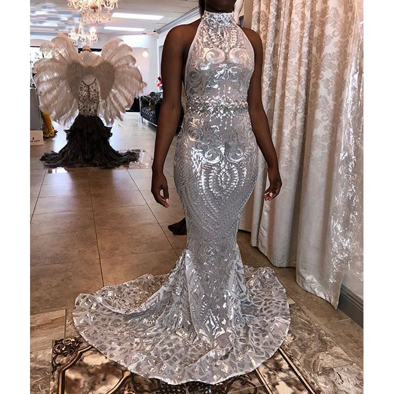 

Sparkly Sequined Sliver Mermaid Prom Dresses New Sleeveless High Neck Sweep Strain Black Girl Formal Evening Party Gowns