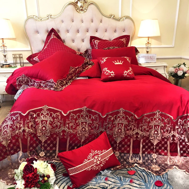 Luxury Lace 100S Egyptian cotton Red Wedding Bedding sets Queen King size Royal Duvet cover Bed sheet set Pillowcase 4/6pcs | Дом и сад