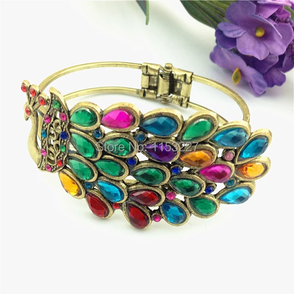 

punk style gold alloy cuff colorful stone peacock design bangles