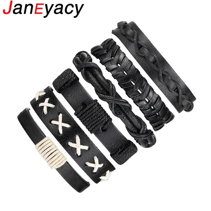 

Janeyacy 6pcs/1set Black Braid Women Bracelets & Bangles for Men Multilayer Leather Bracelet Men Punk pulseira masculina