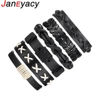 janeyacy 6pcs1set black braid women bracelets bangles for men multilayer leather bracelet men punk pulseira masculina