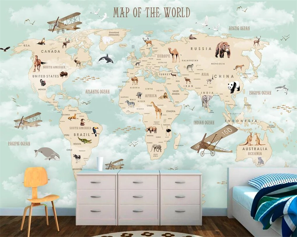 Papel tapiz 3d personalizado para pared de habitación de niños, dibujos animados de avión, navegando, animales, mapa del mundo, Fondo de pared, papel tapiz 3d, tapety