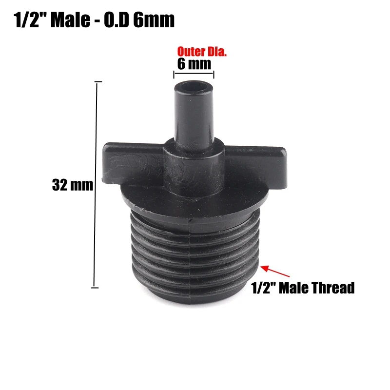 

100pcs 1/2 Inch Thread to 6mm Plat Nozzle Connector Garden Irrigation Thread Sprinkler Connector Horticultural Drip System Part