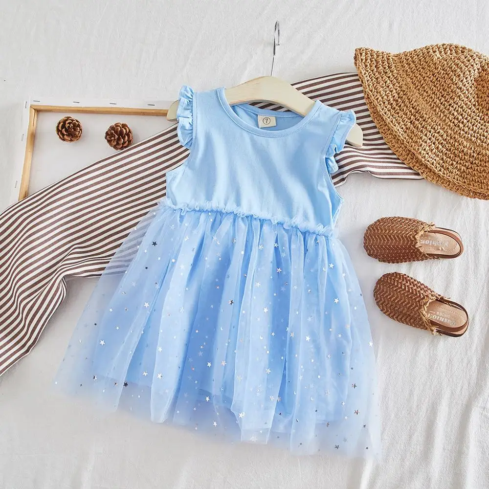 Summer Children's Short Sleeve Patchwork Star Mesh Ball Gown Dress Princess Party Tutu Girls Dresses Vestidos | Детская одежда и