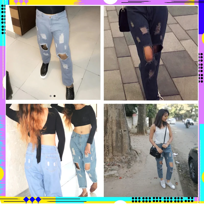 ROMWE Синие рваные Рваные Джинсы бойфренда, женские повседневные Летние Осенние прямые брюки, весенние брюки