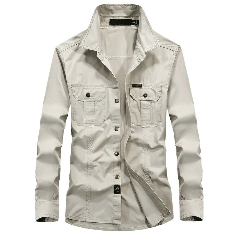 beige Мужские рубашки в Военном Стиле, униформа 3xl 4XL 5XL 6XL размера плюс, большой хлопок, британский стиль, длинный рукав,, мужские рубашки карго, США, армейский зеленый цвет - Цвет: beige