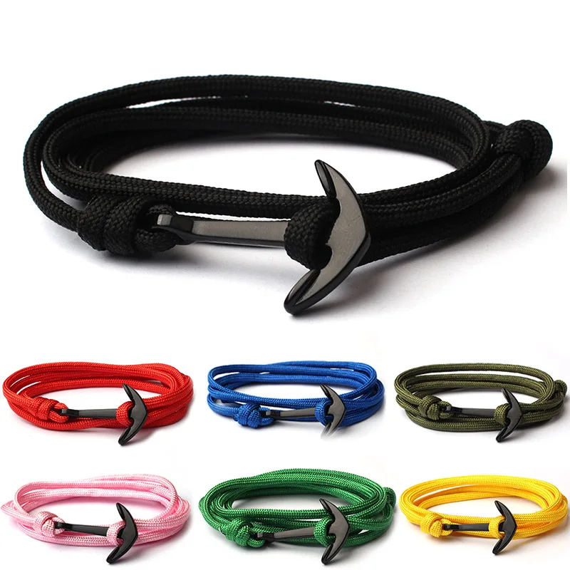 Мужской браслет, черный браслет из сплава с якорем многослойный веревочный цепь-Паракорд, браслет для женщин и мужчин