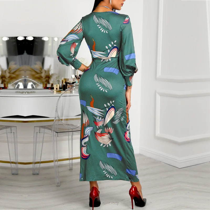 

Luxury design Runway long Dress 2019 Spring Summer Women Long Sleeve V Neck High Split Printing Party Maxi Dress