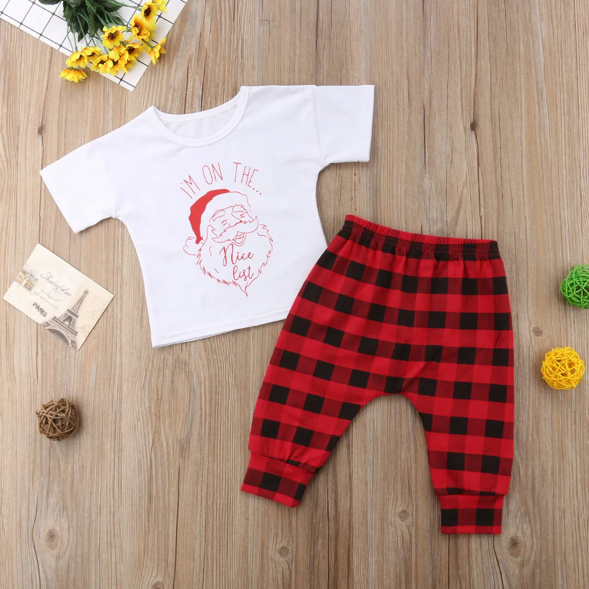 

2018 2PCS Xmas Kids Baby Boy Girl Santa Claus Tops T-shirt Checks Long Pants Clothes Set Casual Christmas Short Sleeve Clothing