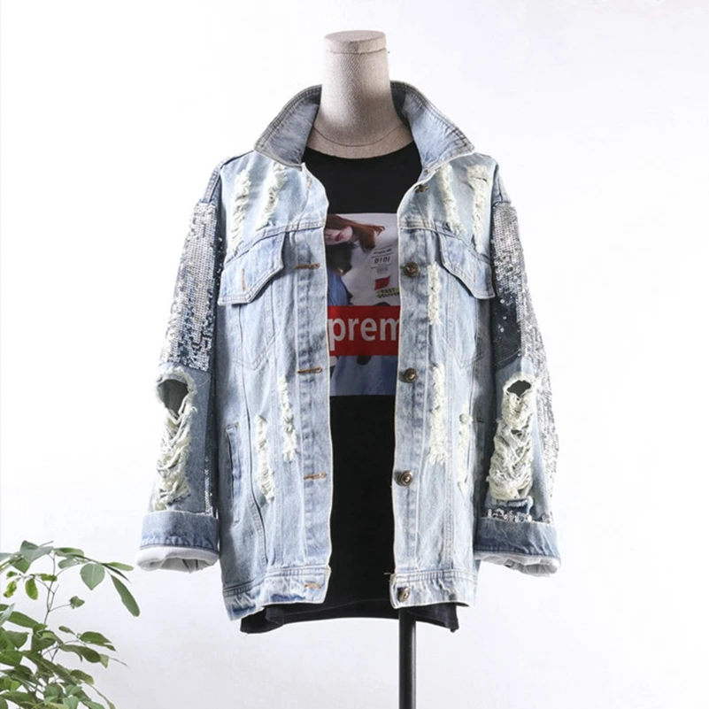 Модная новинка 2021 свободная Тяжелая Рабочая джинсовая куртка с блестками и
