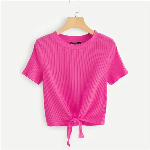 Hot Pink SweatyRocks неоновая цветная футболка с узлом спереди, стильная модная эластичная футболка, летняя повседневная женская желтая футболка и топы - Цвет: Hot Pink