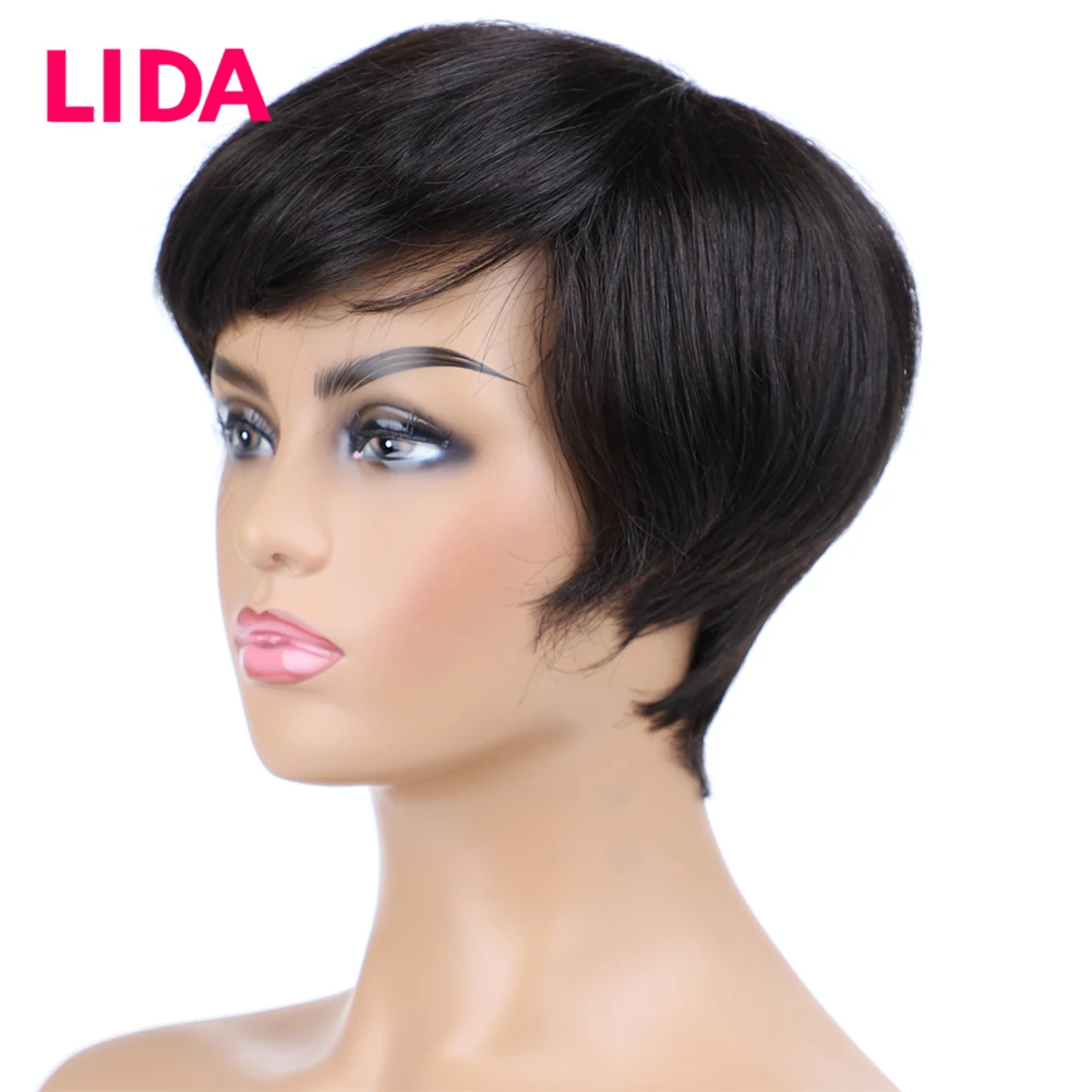 LIDA Non-Remy индийские прямые короткие человеческие волосы парики для женщин 150% плотность полный машинный 6 дюймов короткий парик