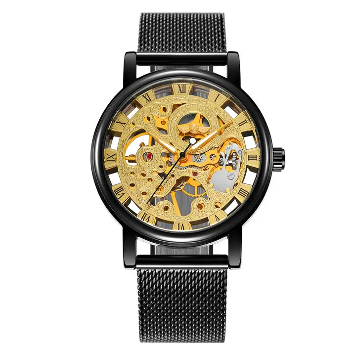 MESH BLACK GOLDEN Победитель Топ Бренд роскошные классические механические часы для мужчин Скелет циферблат мода Бизнес Свадебный подарок золотые унисекс наручные часы - Цвет: MESH BLACK GOLDEN