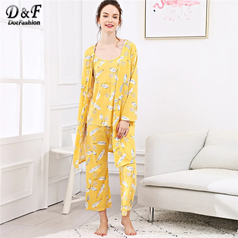 Dotfashion/пижамный комплект на бретельках с желтыми листьями, женская осенняя одежда, Повседневная летняя одежда для сна с длинным рукавом, пижамные комплекты
