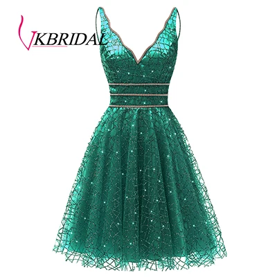 Green VKbridal/блестящее мини-платье с глубоким v-образным вырезом и кристаллами для выпускного вечера, сверкающие платья для выпускного вечера, короткие платья для девочек - Цвет: Green