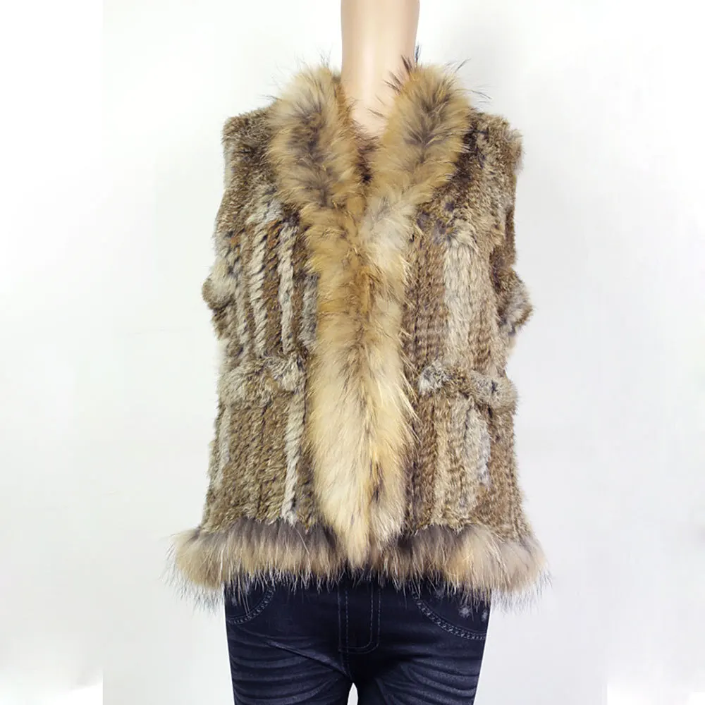 Женский жилет GTC088 вязаный кроличий мех без рукавов с карманами по бокам из