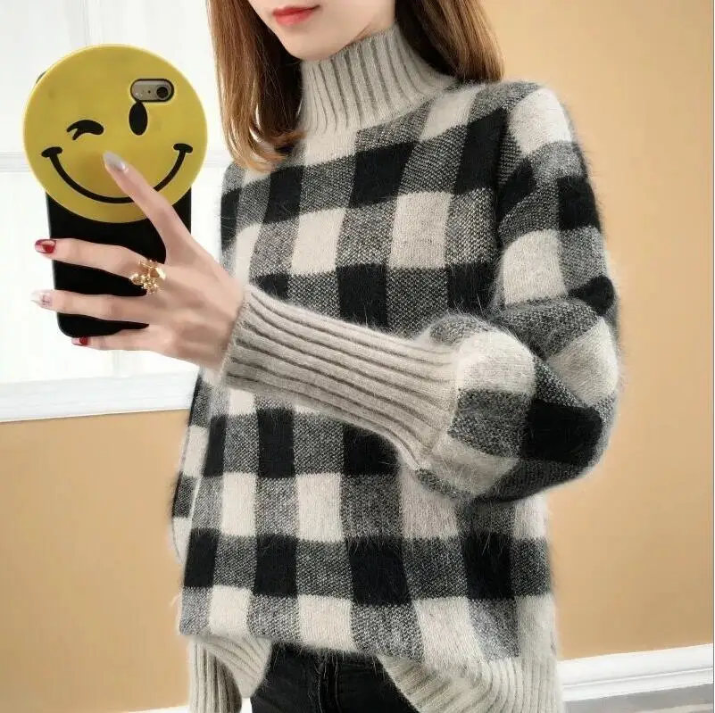 2020 Autumn Winter Women Plaid Knitted Sweater Long Sleeve High Neck Casual Pullover Jumper | Женская одежда