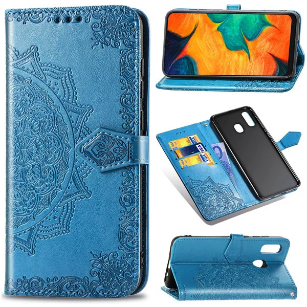 Кожаный флип-кейс A 30 для samsung Galaxy A30 Fundas TPU с цветочным принтом, чехол-кошелек с подставкой для samsung A30, чехол с ремешком - Цвет: Синий