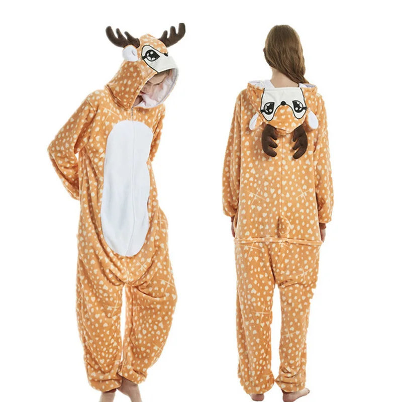Deer 28 Женский Мультфильм Фокс Олень Единорог Пижамы Мягкий С Капюшоном Животных Пижамы Зимний Костюм Косплей Взрослых Рождество Пижамы Onesies - Цвет: Deer