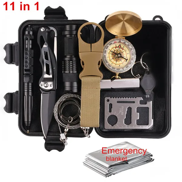 11 in 1 survival 11 в 1 Открытый edc походный набор оборудования многофункциональный инструмент SOS фонарик выживания Аптечка выживания коробка самопомощи ящик для инструментов - Цвет: 11 in 1 survival