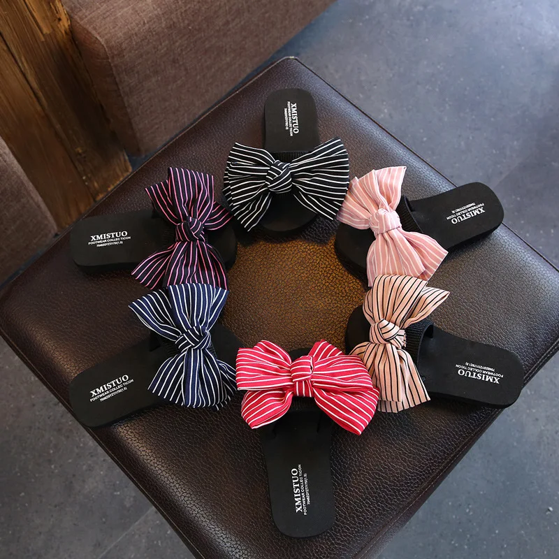 Летние тапочки Для женщин модные Вьетнамки с бантом слипоны пляжные на платформе