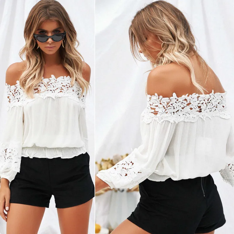 

Summer Fashion Women Off Shoulder Longarm Casual Chiffon Short Blouse Lose High Street Tops