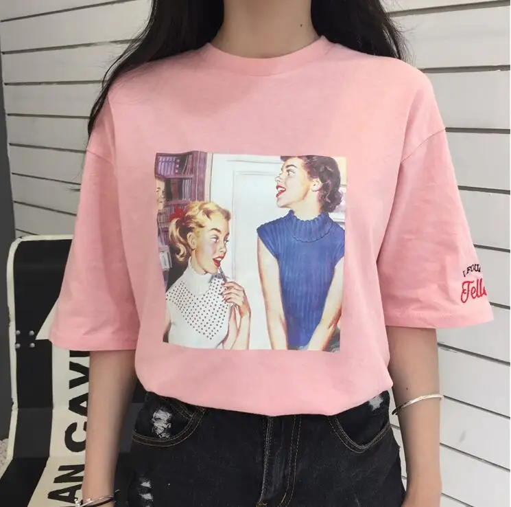 2018 Весна и лето новая Ретро футболка с принтом Женская свободная коротким