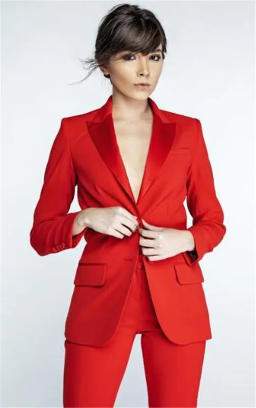Custom Made Red Peak Lapel Business Formal PantSuits Women Full Sleeve Jacket+Pants 2 Pieces Suit Female Pantsuit Plus Size