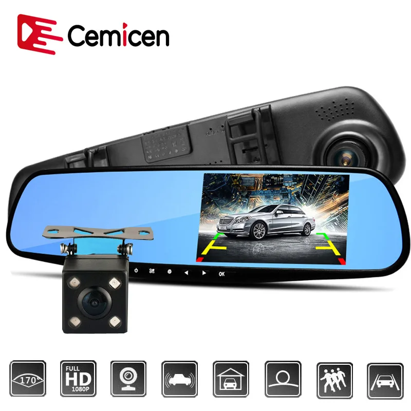 Cemicen 4,3 дюймов Full HD 1080P Автомобильный видеорегистратор Камера авто зеркало заднего вида цифровой видеорегистратор двойной объектив регистратор видеокамера